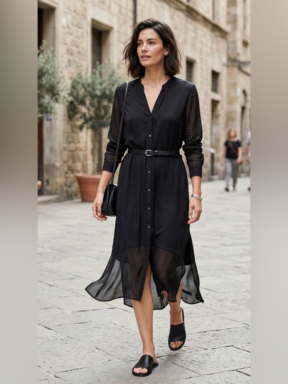 Helmut Lang Black 100% Silk Mid-Length Button-Down Dress size Large no belt